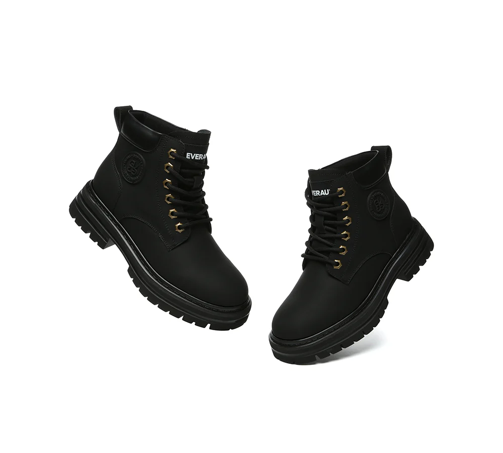 EVERAU? UGG Boots Women Leather Sheepskin Wool Lace Up Chunky Aubrey