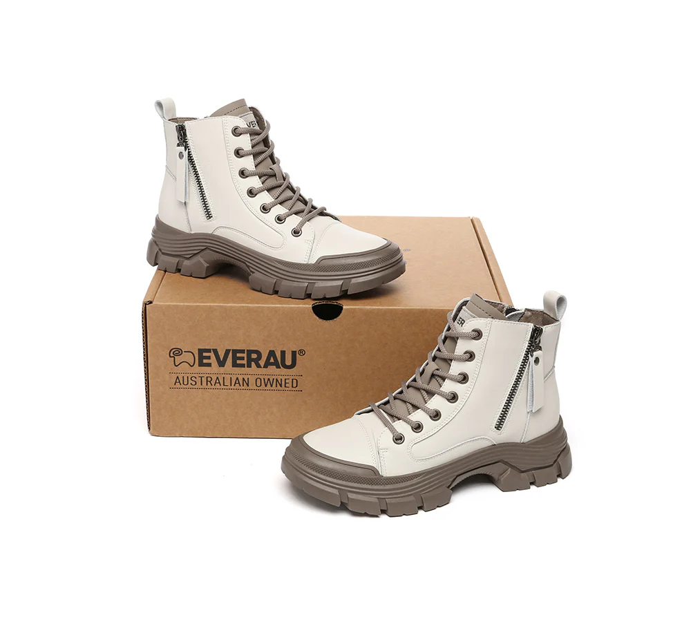 EVERAU? Women Leather Lace Up Zipper Chunky Boots Lorrin