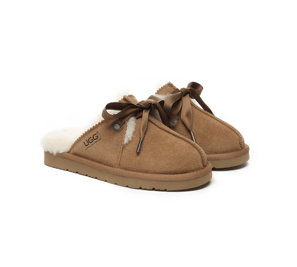 AUSTRALIAN SHEPHERD? UGG Slippers Women Sheepskin Wool Adjustable Ribbon Bow Ruby