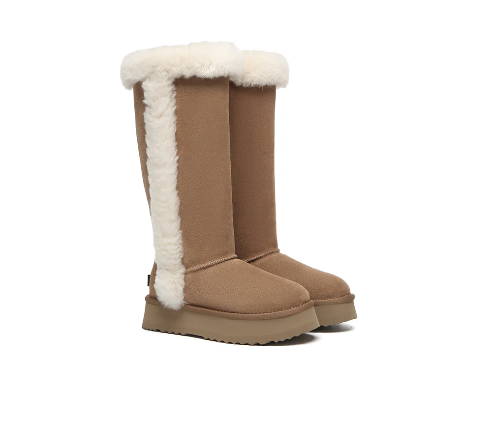 UGG EVERAU? UGG Boots Women Sheepskin Wool Shearling Lined Tall Platform Kazzi