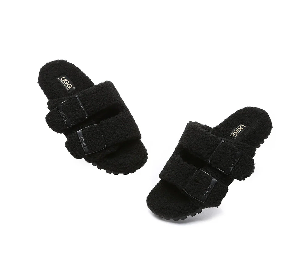AUSTRALIAN SHEPHERD? UGG Women Shearling Buckle Sandal Slides Jennie