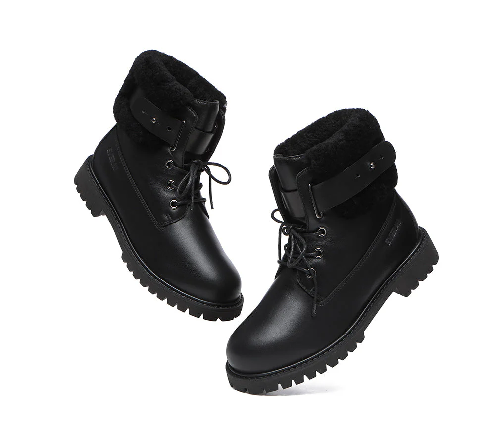 EVERAU? Women Sheepskin Wool Lace Up Fashion Boots Martin