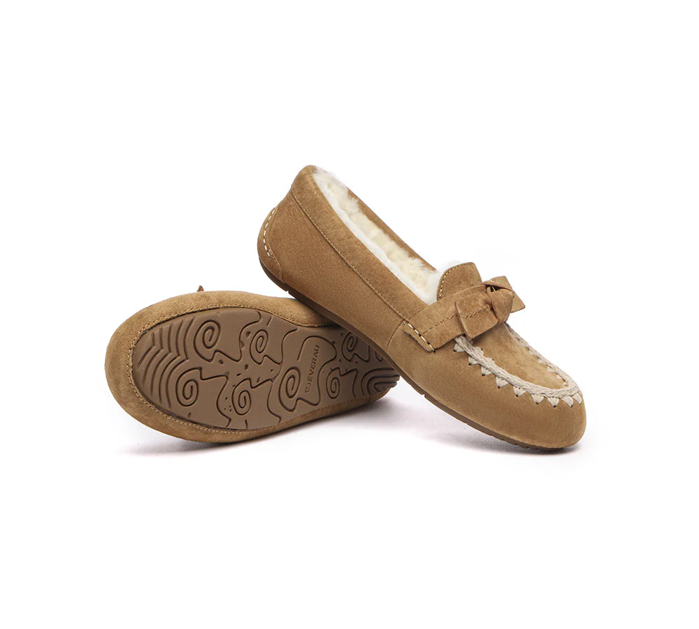 EVERAU? UGG Slippers Women Sheepskin Wool Bow Ankle Woven Moccasins