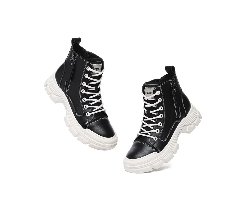 EVERAU? Women Leather Lace Up Zipper Chunky Boots Lorrin