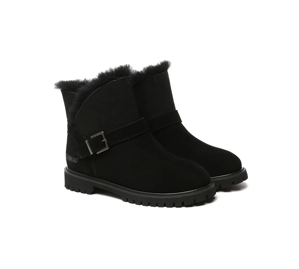 EVERAU? UGG Boots Women Sheepskin Wool Buckle Decor Ankle Polarwalk