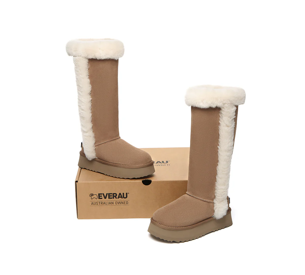 UGG EVERAU? UGG Boots Women Sheepskin Wool Shearling Lined Tall Platform Kazzi