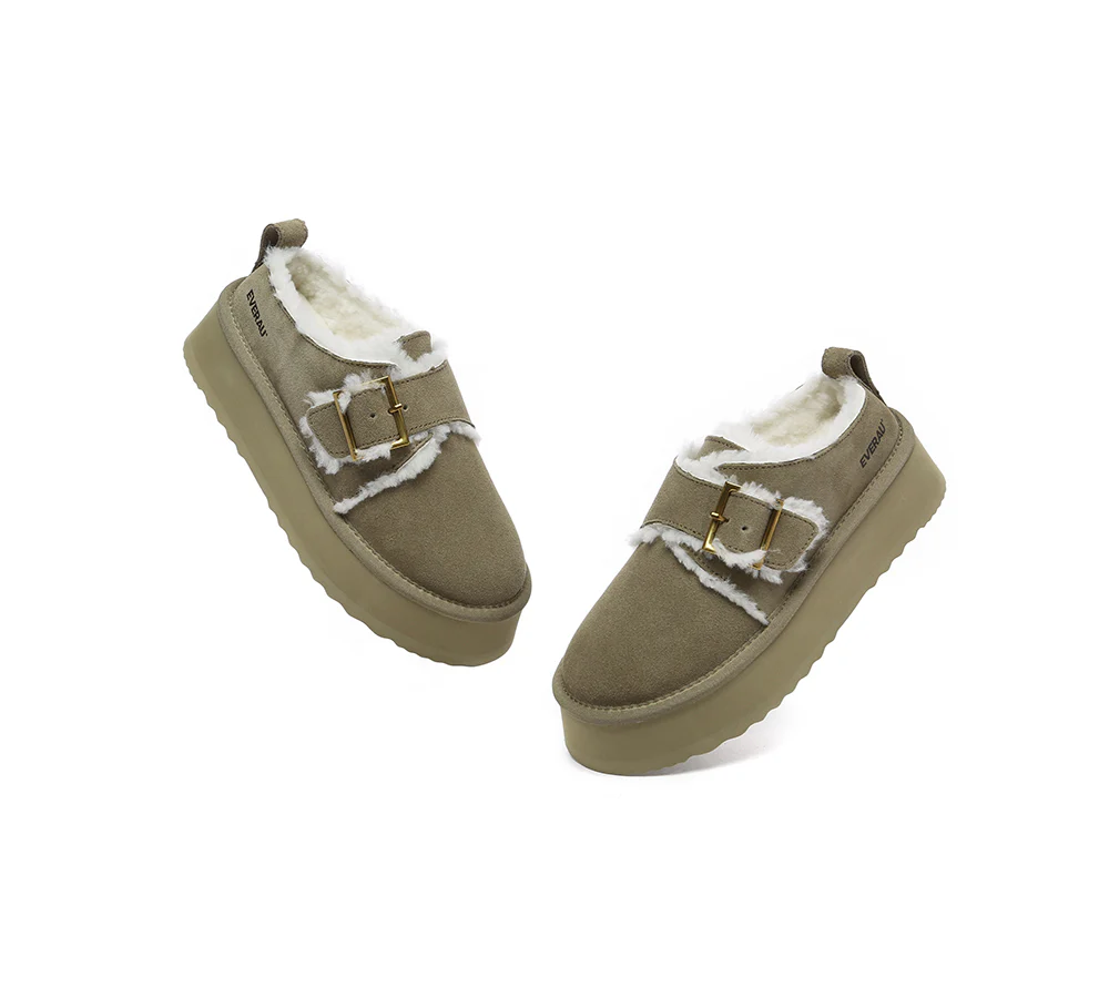 EVERAU? UGG Slippers Sheepskin Wool Adjustable Buckle Ankle Platform Tobias