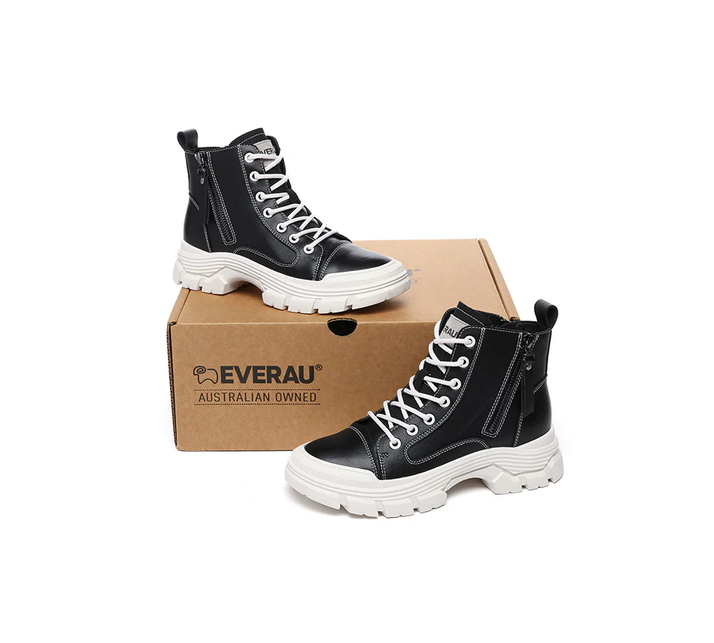 EVERAU? Women Leather Lace Up Zipper Chunky Boots Lorrin