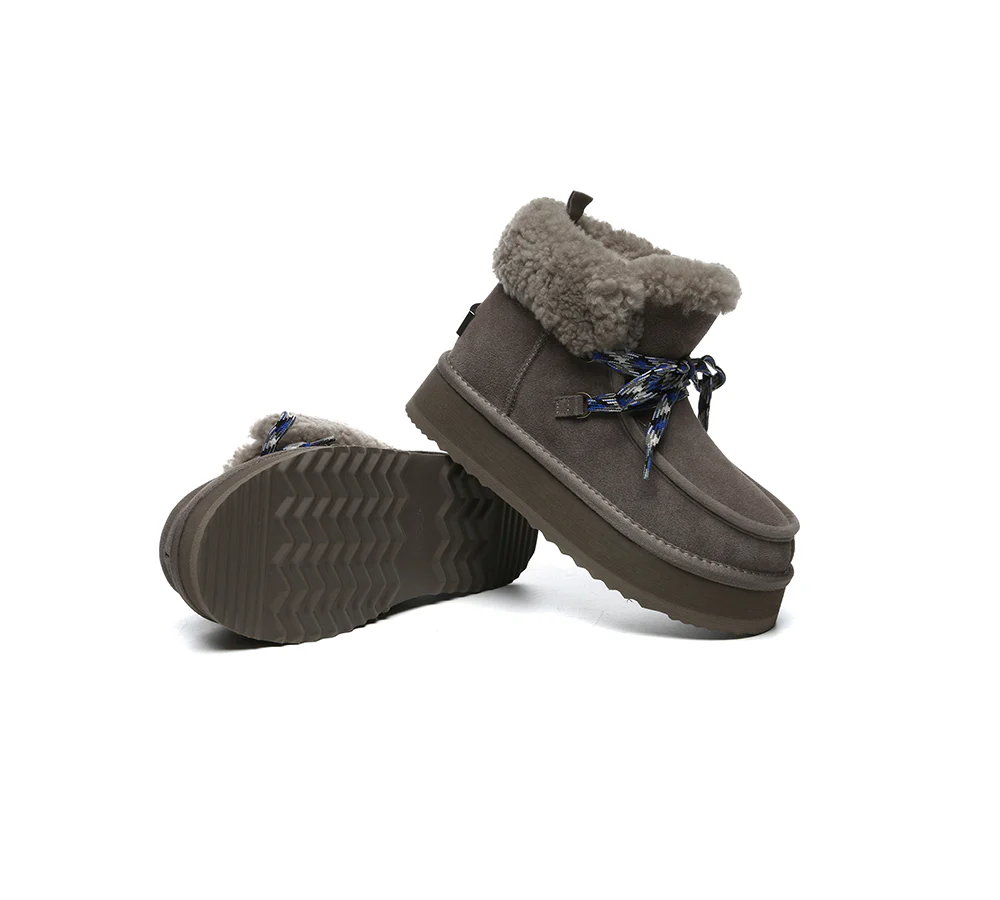 UGG EVERAU? UGG Boots Women Sheepskin Wool Lace Up Ankle Platform Honour