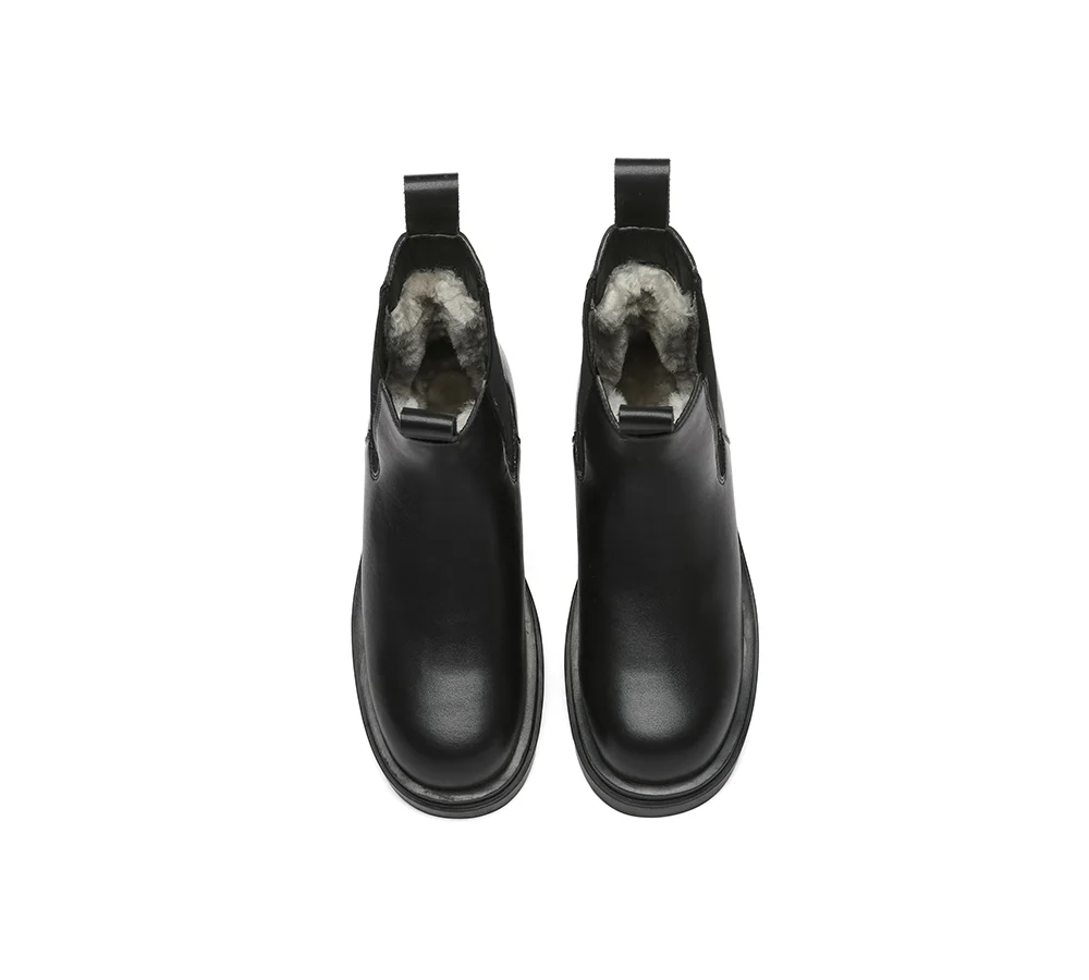 EVERAU? Women Leather Sheepskin Wool Black Chunky Boots Vaneta