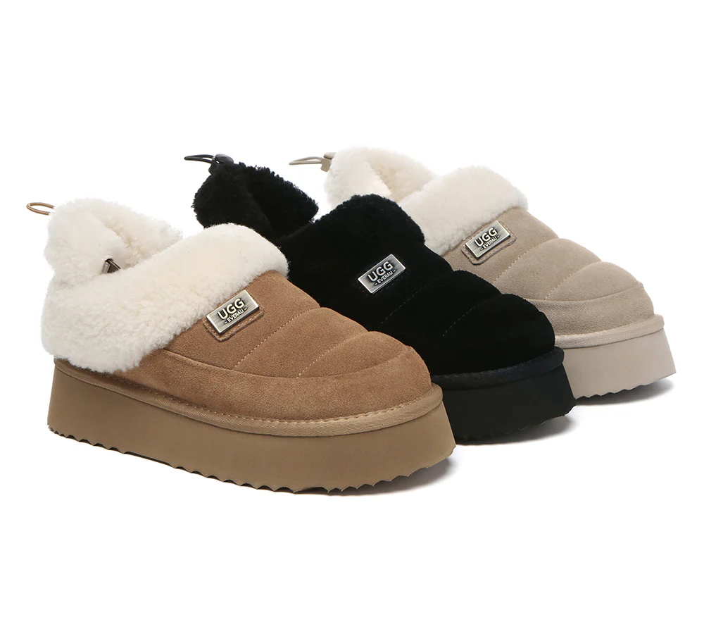 UGG EVERAU? UGG Slippers Women Removable Wool Strap Drawstring Slingback Platform Paige