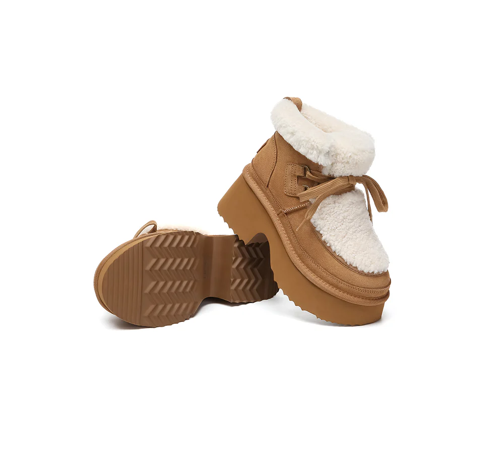 AUSTRALIAN SHEPHERD? UGG Boots Women Sheepskin Wool Lace Up Chunky Platform Bumpy