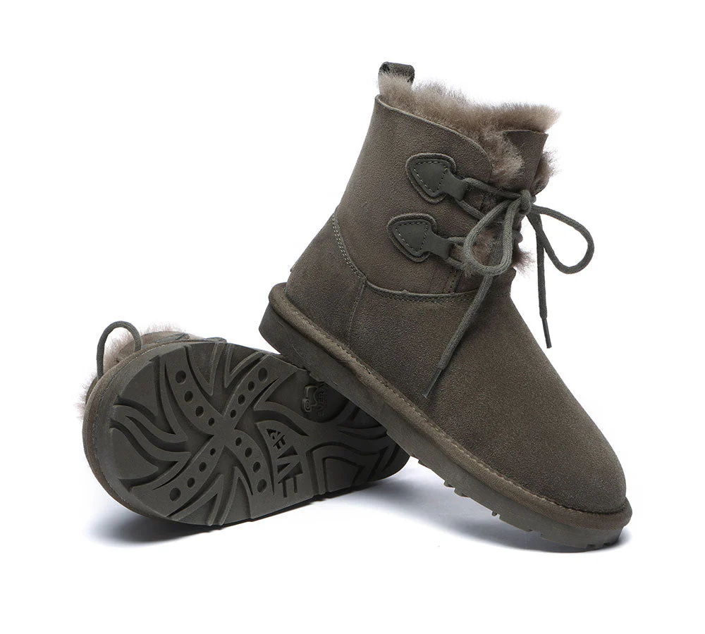 EVERAU? UGG Boots Women Sheepskin Wool Lace Up Short Stark