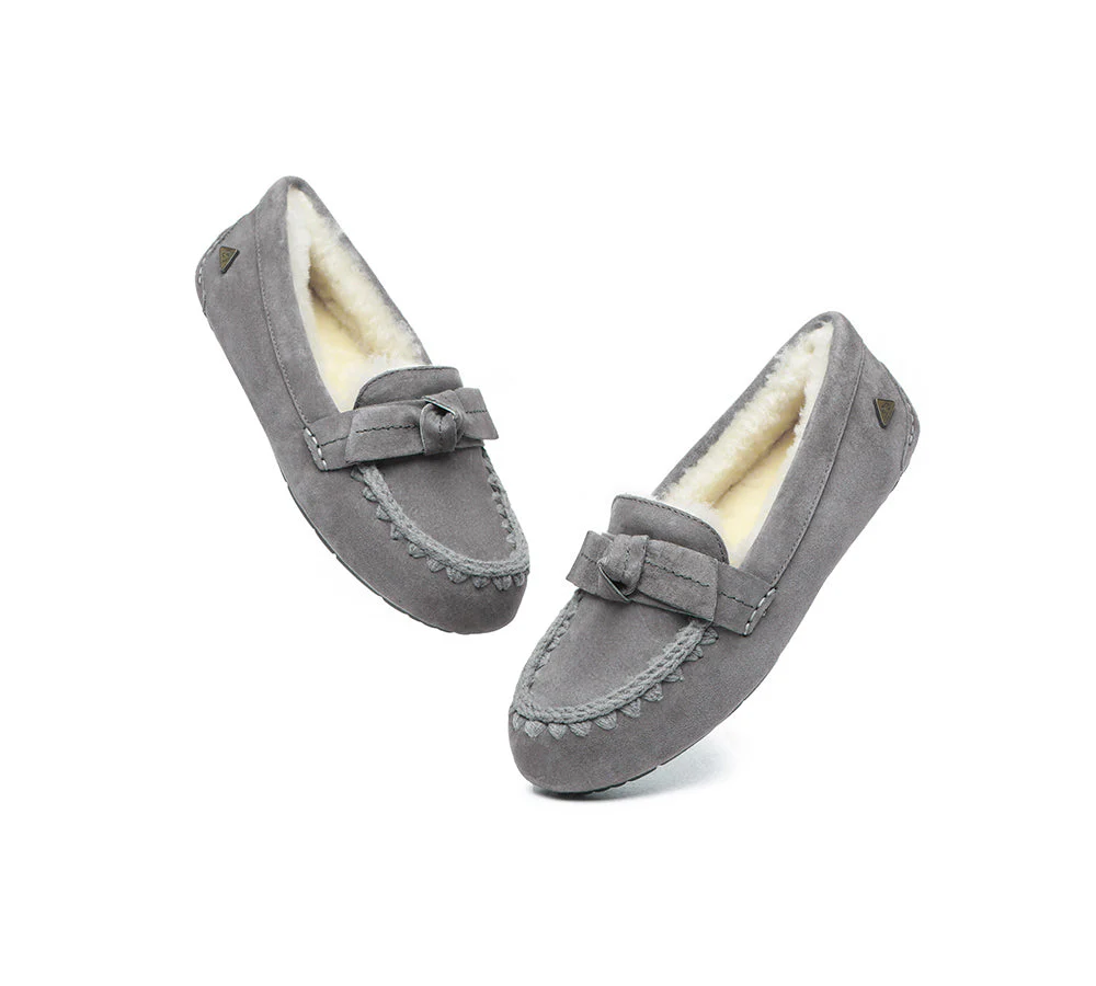 EVERAU? UGG Slippers Women Sheepskin Wool Bow Ankle Woven Moccasins