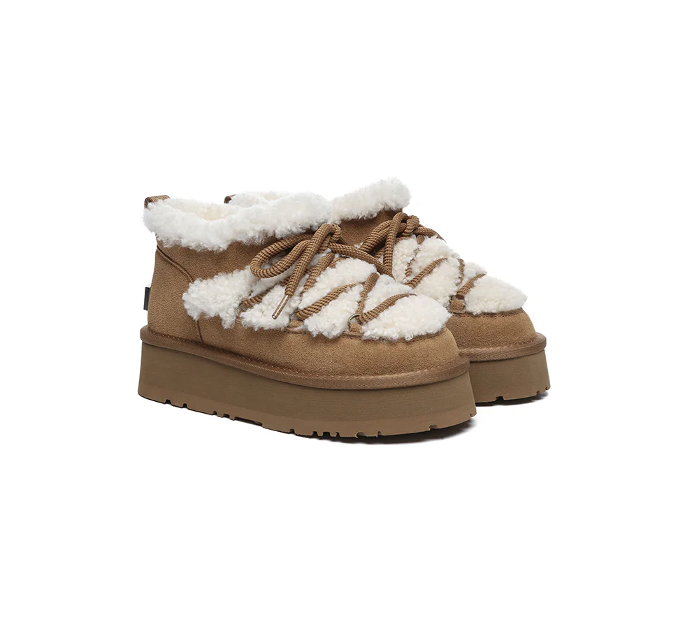 UGG EVERAU? UGG Boots Women Sheepskin Wool Ankle Platform Mini Carmen