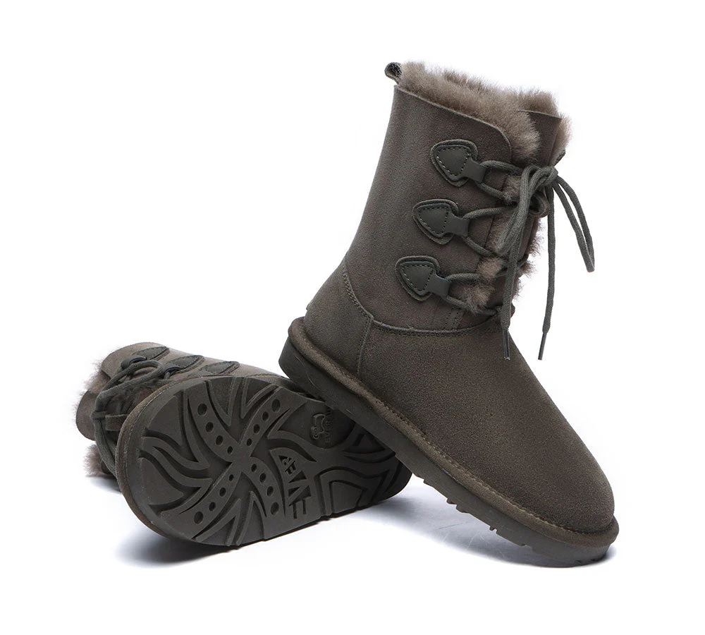 EVERAU? UGG Boots Women Sheepskin Wool Lace Up Tall Stark