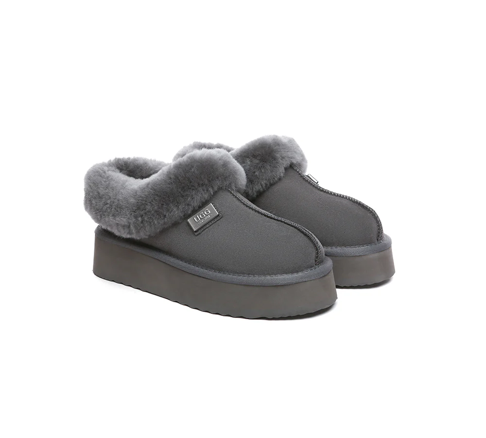 UGG EVERAU? UGG Slippers Women Sheepskin Wool Collar Ankle Platform Gabri