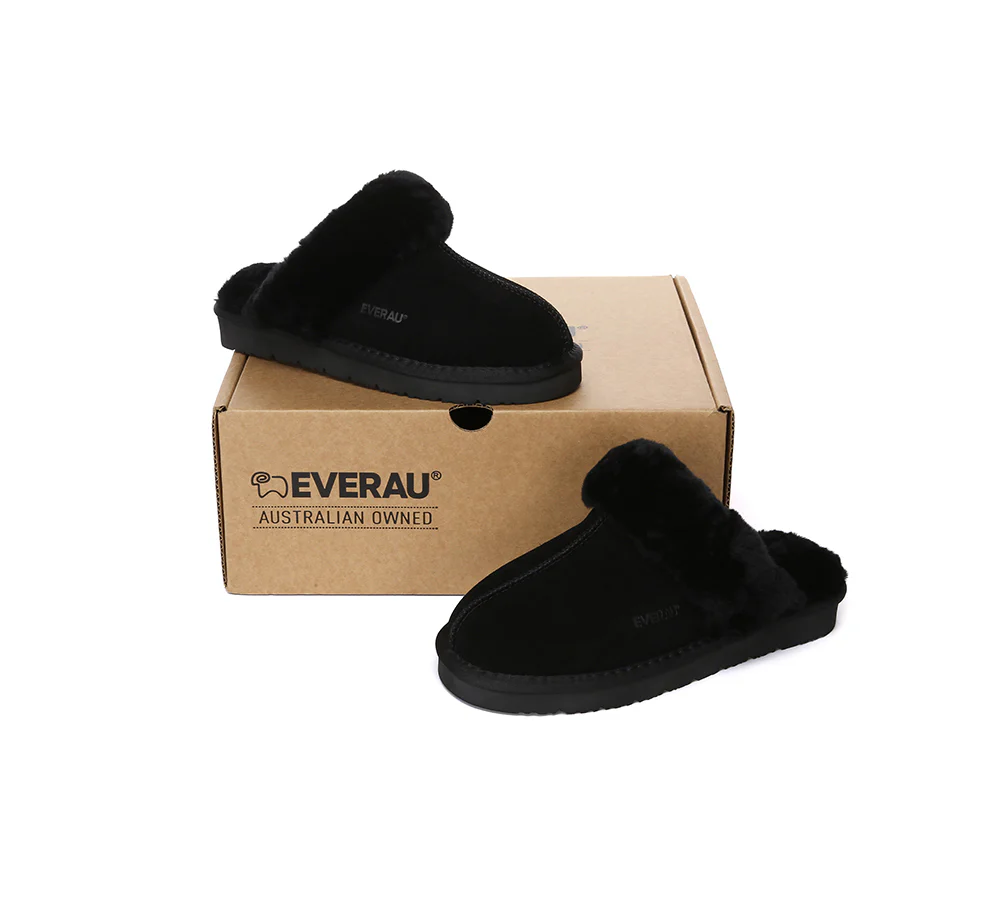 EVERAU? UGG Slippers Sheepskin Wool Suede Scuff Muffin