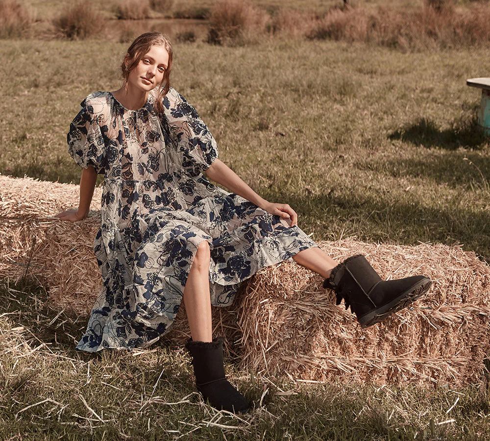 EVERAU? UGG Boots Women Sheepskin Wool Double Baily Short Back Bow