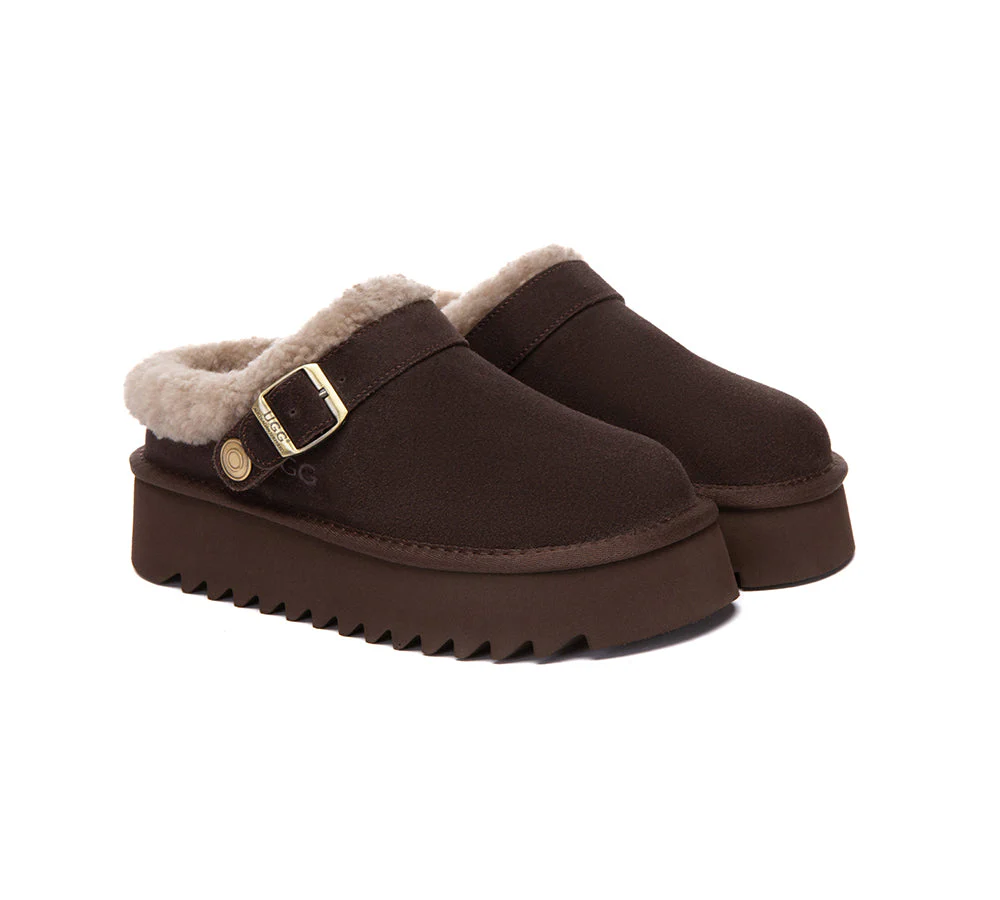 AUSTRALIAN SHEPHERD? UGG Slippers Sheepskin Wool Adjustable Strap Platform Pulsey