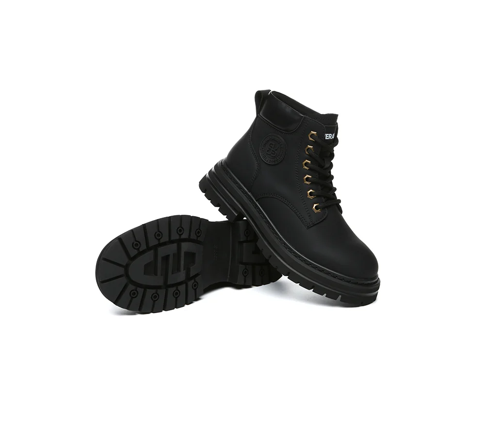 EVERAU? Women Leather Lace Up Chunky Boots Stephanie