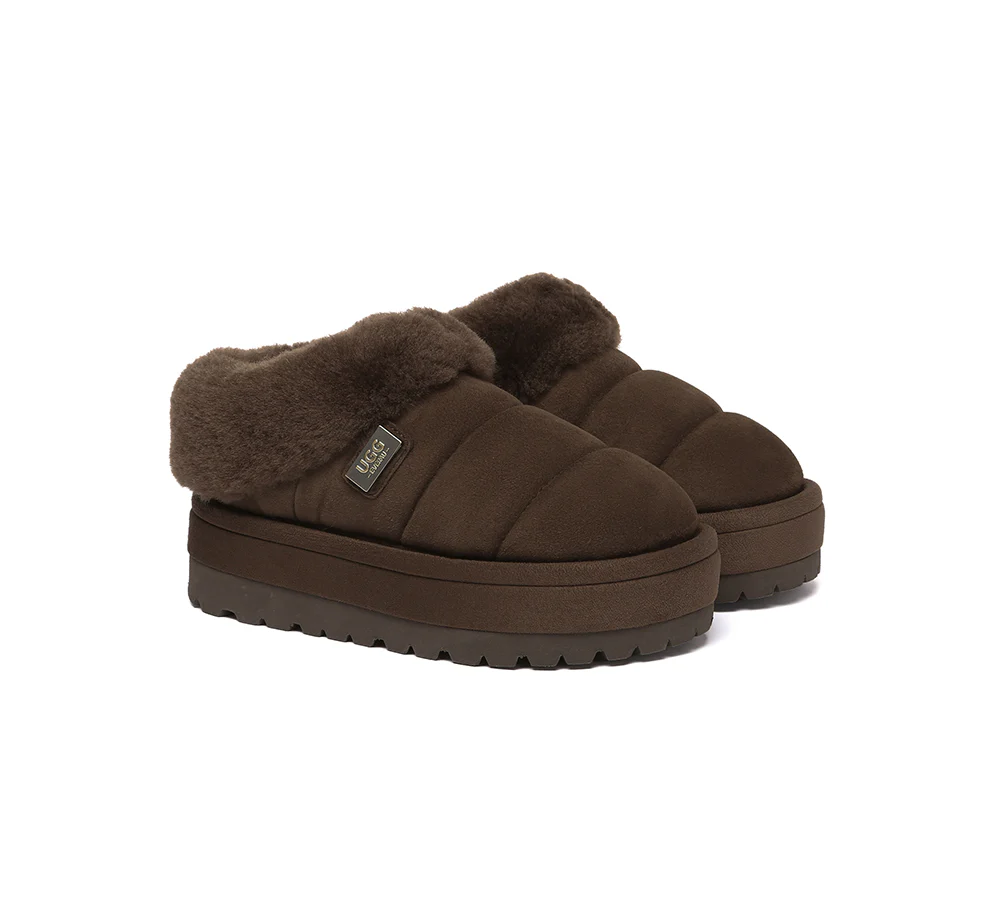 UGG EVERAU? UGG Slippers Women Sheepskin Wool Collar Ankle Platform Ulrika