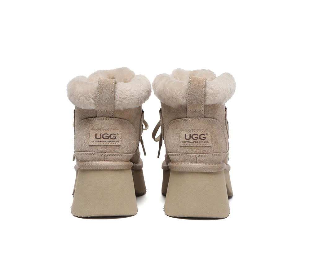 AUSTRALIAN SHEPHERD? UGG Boots Women Sheepskin Wool Lace Up Chunky Platform Bumpy