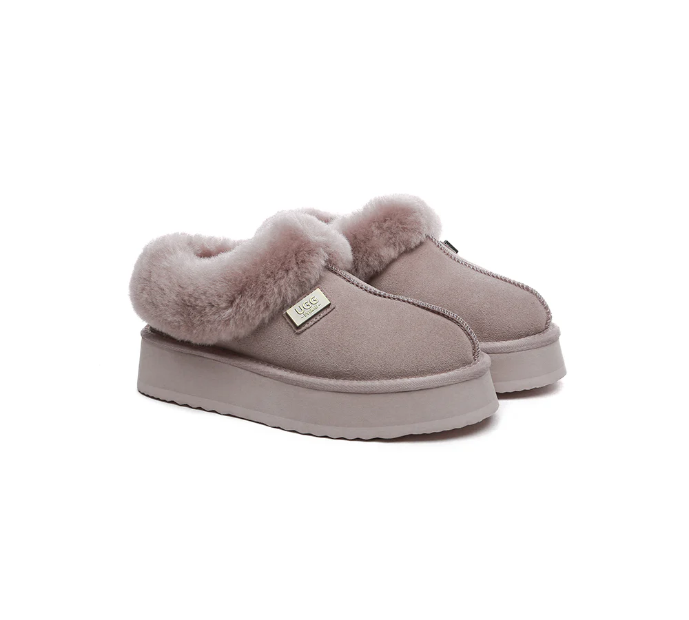 UGG EVERAU? UGG Slippers Women Sheepskin Wool Collar Ankle Platform Gabri