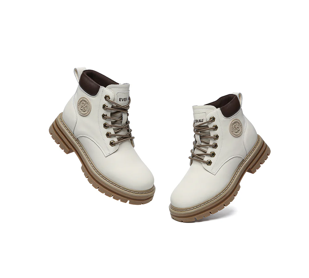 EVERAU? UGG Boots Women Leather Sheepskin Wool Lace Up Chunky Aubrey