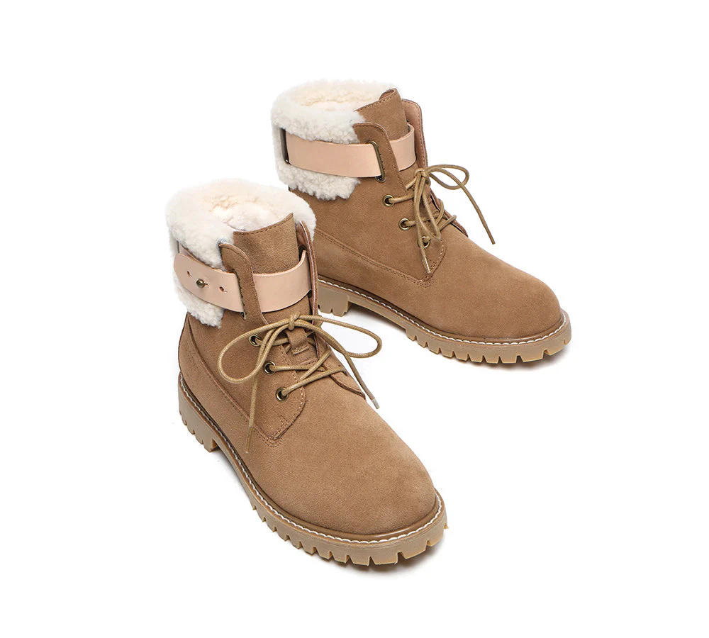 EVERAU? Women Sheepskin Wool Lace Up Fashion Boots Martin
