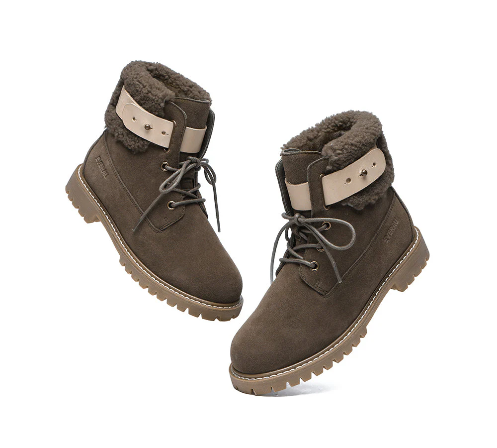 EVERAU? Women Sheepskin Wool Lace Up Fashion Boots Martin