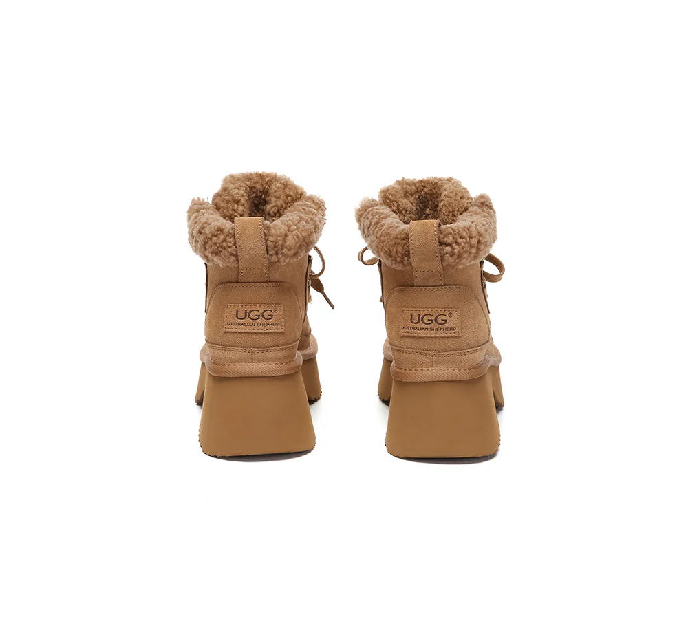 AUSTRALIAN SHEPHERD? UGG Boots Women Sheepskin Wool Lace Up Chunky Platform Bumpy