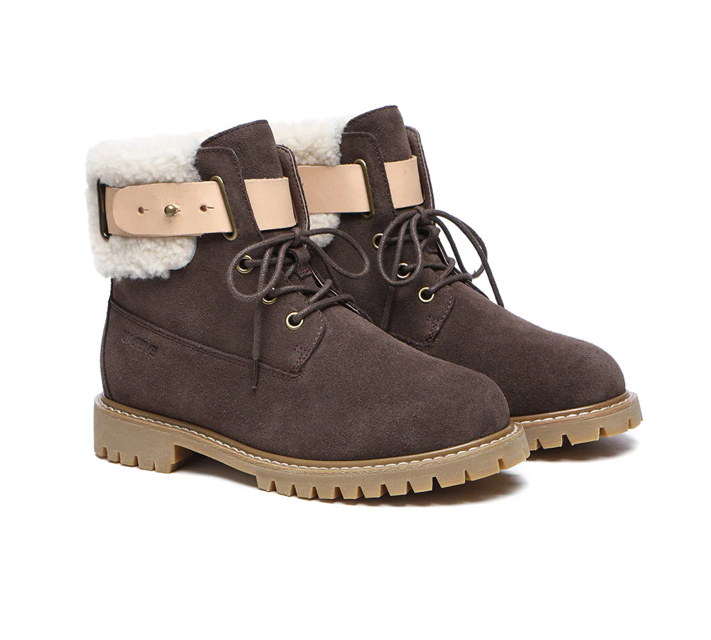 EVERAU? Women Sheepskin Wool Lace Up Fashion Boots Martin