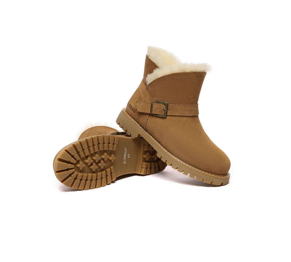 EVERAU? UGG Boots Women Sheepskin Wool Buckle Decor Ankle Polarwalk