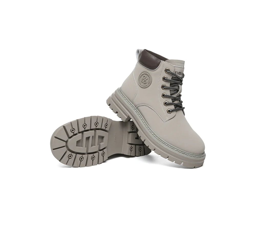 EVERAU? Women Leather Lace Up Chunky Boots Stephanie