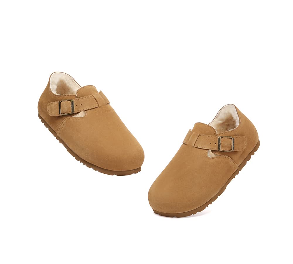 EVERAU? UGG Slippers Sheepskin Wool Adjustable Strap Clog Hazora
