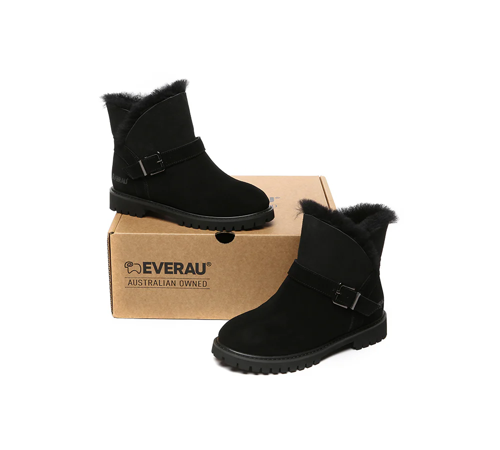 EVERAU? UGG Boots Women Sheepskin Wool Buckle Decor Ankle Polarwalk