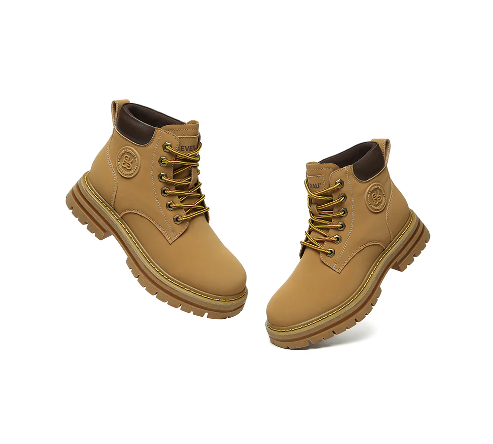 EVERAU? UGG Boots Women Leather Sheepskin Wool Lace Up Chunky Aubrey