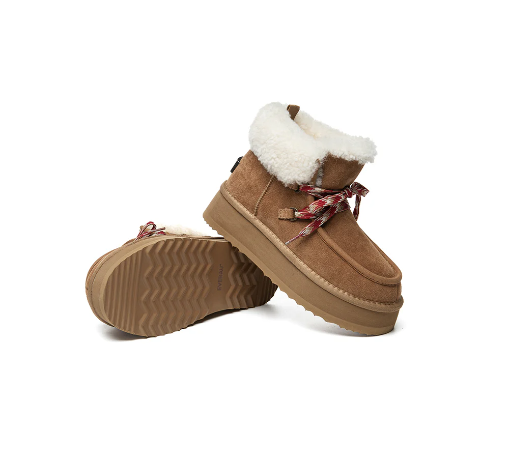 UGG EVERAU? UGG Boots Women Sheepskin Wool Lace Up Ankle Platform Honour