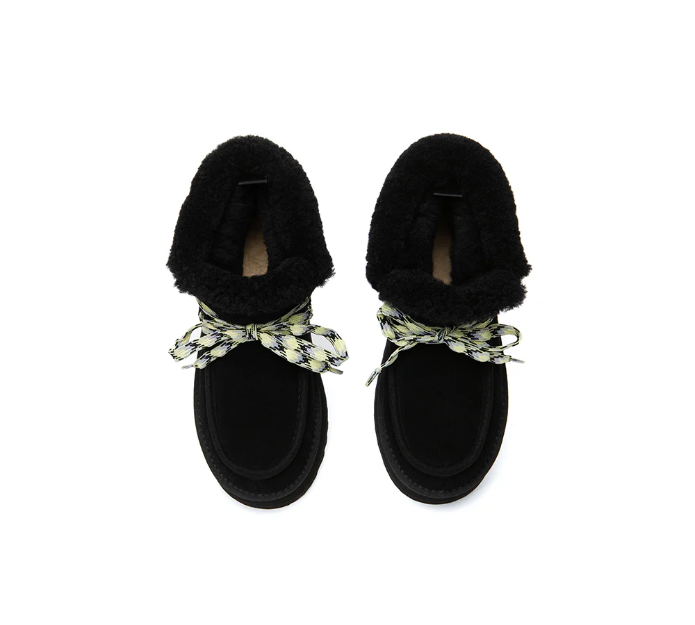 UGG EVERAU? UGG Boots Women Sheepskin Wool Lace Up Ankle Platform Honour