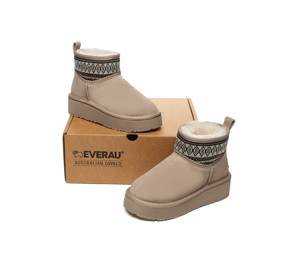 EVERAU? UGG Boots Sheepskin Wool Woven Ankle Platform Grantlee