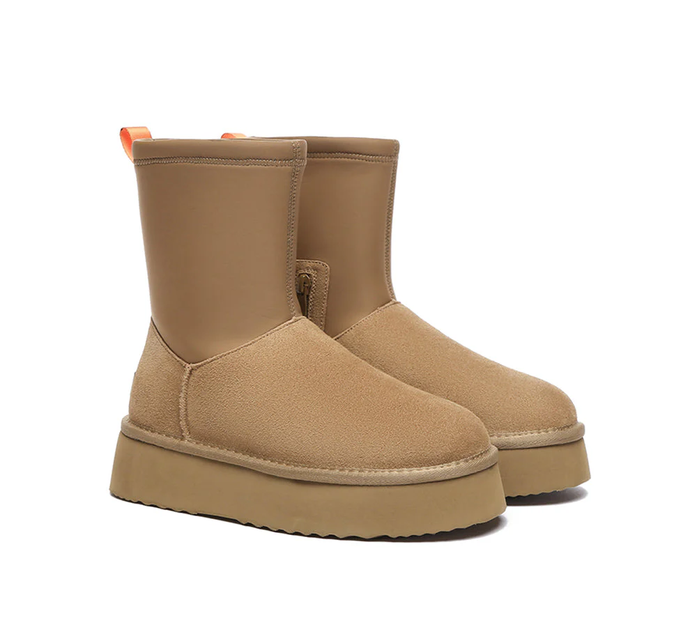 UGG EVERAU? UGG Boots Women Sheepskin Wool Zipper Decor Stretchy Mid Calf Platform Ethel