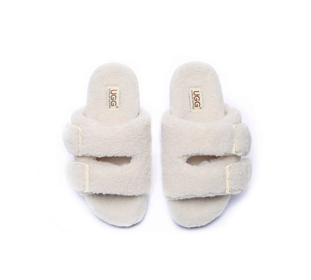 AUSTRALIAN SHEPHERD? UGG Women Shearling Buckle Sandal Slides Jennie