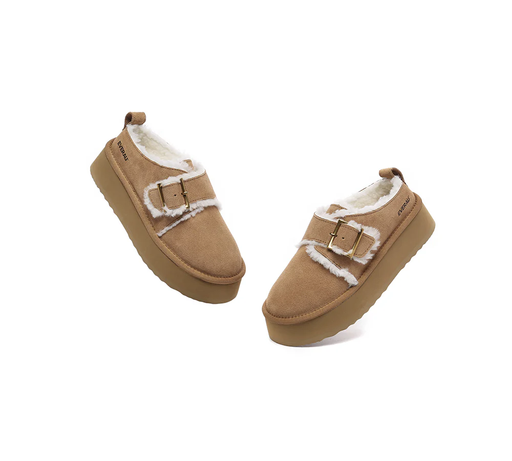 EVERAU? UGG Slippers Sheepskin Wool Adjustable Buckle Ankle Platform Tobias