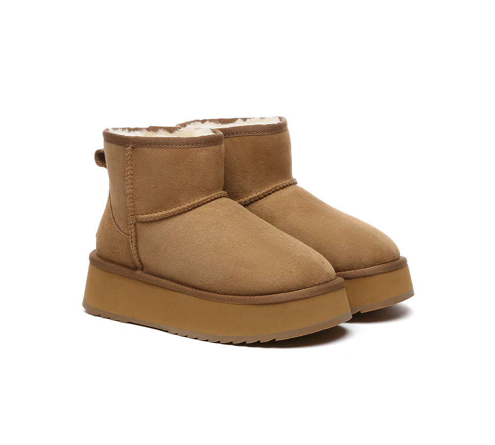 EVERAU? UGG Boots Sheepskin Wool Ankle Platform Thick Bottom Mini Classic