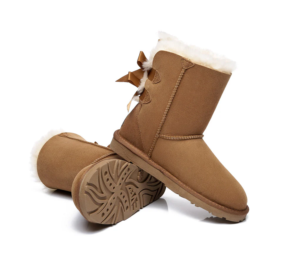 EVERAU? UGG Boots Women Sheepskin Wool Double Baily Short Back Bow