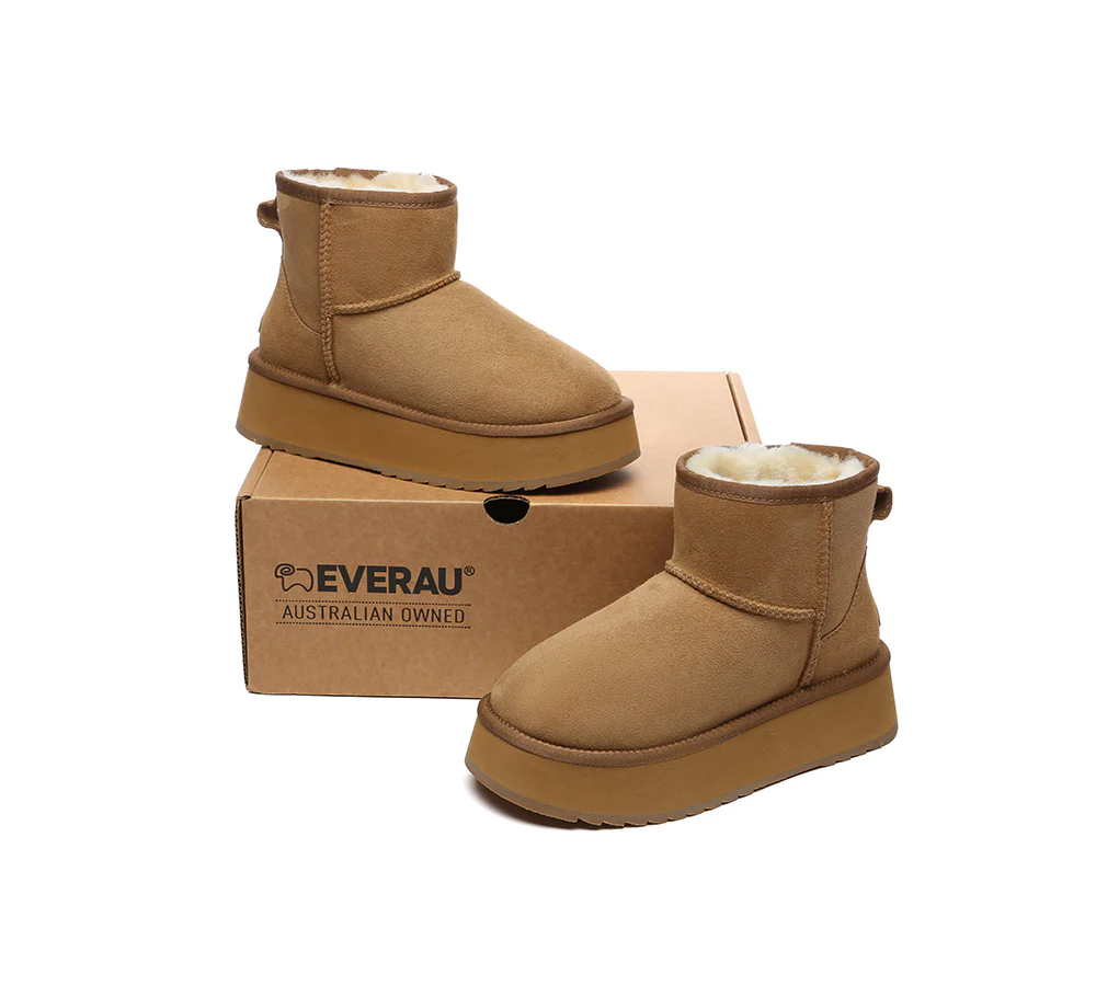 EVERAU? UGG Boots Sheepskin Wool Ankle Platform Thick Bottom Mini Classic