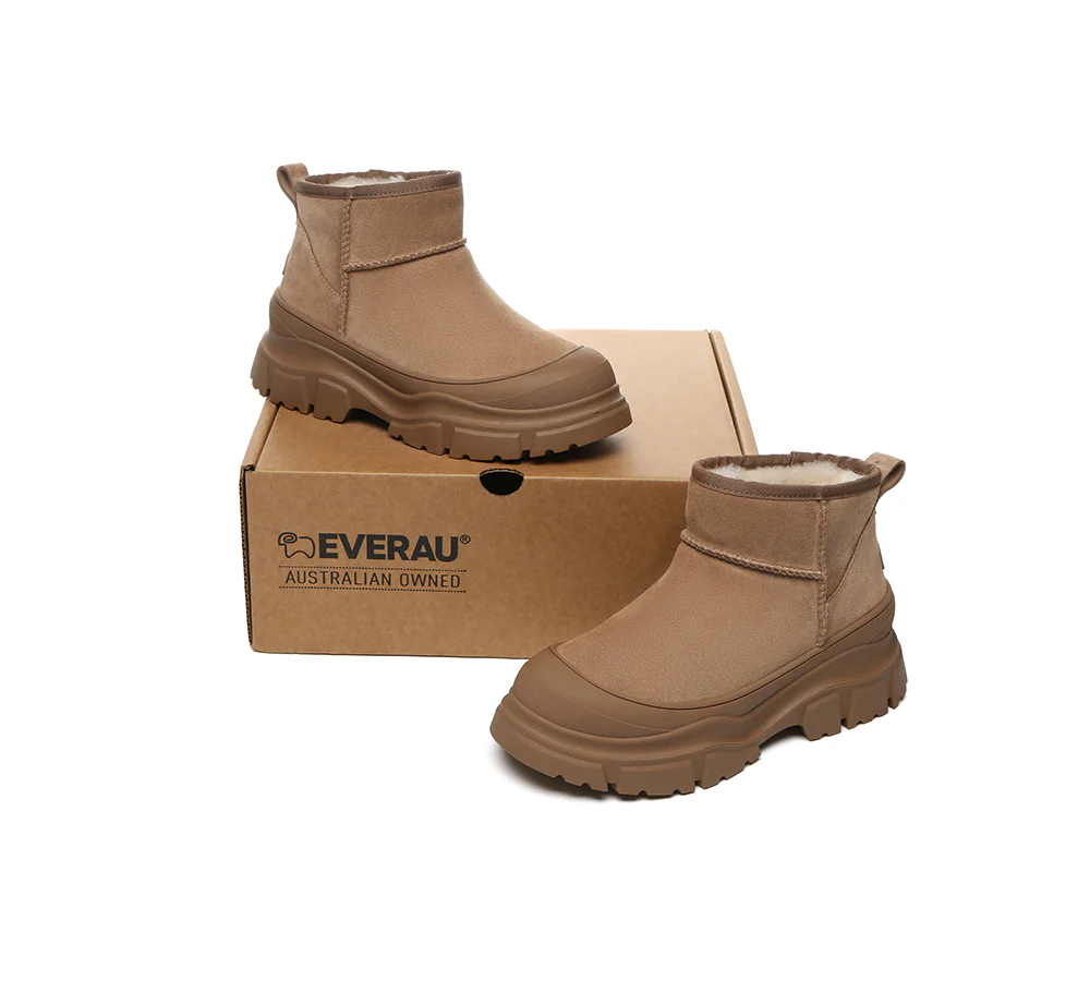 EVERAU? UGG Boots Sheepskin Wool Ankle Chunky Platform Mouni