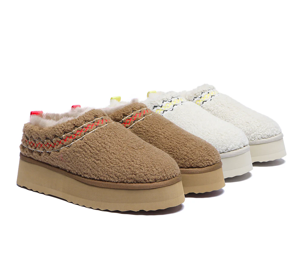 EVERAU? UGG Slippers Sheepskin Wool Plush Ankle Platform Madge