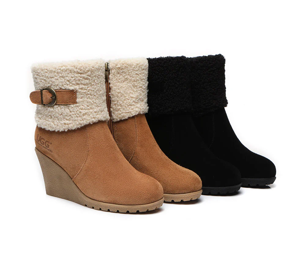 AUSTRALIAN SHEPHERD? UGG Boots Women Sheepskin Shearling Zipper Wedge Joanna